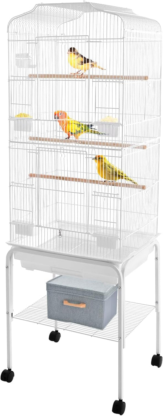 Large Bird Cage with Wheels Parrot Cages for Large Birds Iron Bird Cage with Stand Outdoor Birdcages with Tray, Feeding Bowls & Waterer Big Bird Cages for Parakeets, Lovebird & Pigeon (White)