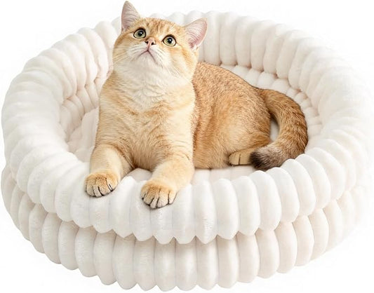 Fluffy Cat Beds for Indoor Cats, Washable Round Orthopedic Kitten Bed, Ultimate Soft Fuzzy Pet Bed for Small Dogs with Non-Slip Bottom, 19.7x19.7x6.3 in, White