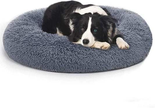 Original Calming Donut Dog and Cat Bed in Shag Fur, Dog Beds for Melium Dogs, Anti Anxiety Round Fluffy Plush Faux Fur Pet Bed (Dark Grey, X-Large)