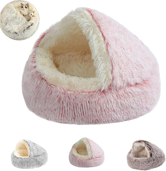 Plush Fluffy Dog and Cats Round Bed, Ultra-Soft Plush with Raised Rim, Non-Slip Bottom, Plush Cat Bed with A Cover, for Small Dogs and Cats (Pink, Medium)