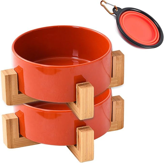 Petygooing Ceramic Dog Bowl Set with Stand, Small Cat Dog Food and Water Bowl, Anti-Slip Set of 2 Bowls - 13.5 OZ (5.1In / 1.7 Cups) Rust Red