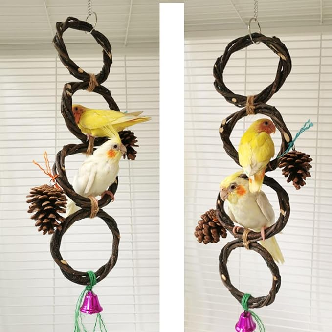Circle Straw Bird Swing Stand Bird Perches Stand Hanging Chewing Toy for Parrots Bird Playground Cage Accessories Climbing Rope Net Ladders for Foraging Toys（Random Color） (5 Ring Single Row)