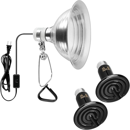 Simple Deluxe 2-Pack 75W Ceramic Reptile Heat Lamp Bulb & 150W Clamp Light with 8.5" Aluminum Reflector Combo for Amphibian Pets