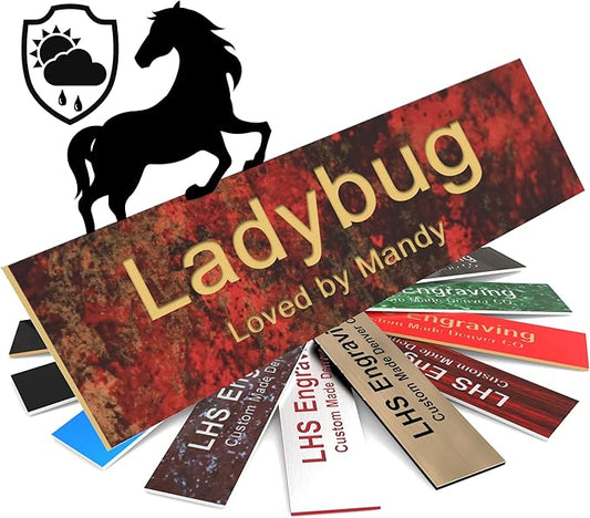 Horse Stall Name Plate, 2x8 Personalized Stall Signs, UV Protected, All Weather Adhesive, Hanging, Mounting or Other, Rustico Granite Pattern Plastic Gold Letters - Made in USA - S7
