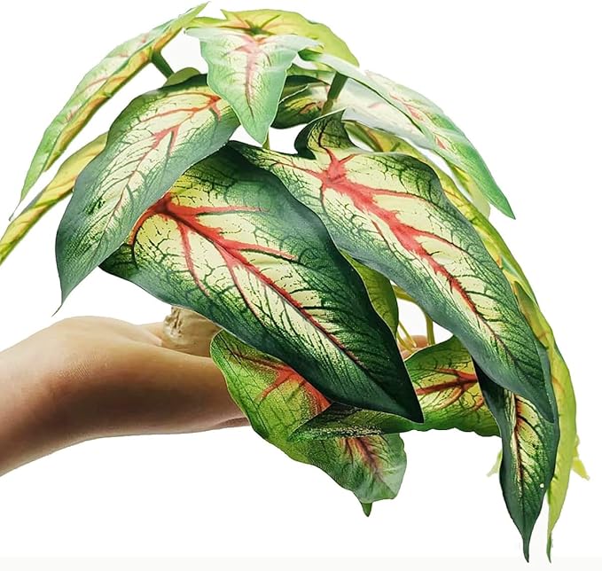 Reptile Plants for Terrarium Decor,Amphibian Habitat Decor, Bearded Dragon Tank Accessories,Artificial Plants for Gecko Chameleon Snake Tortoise with Base (Alocasia odora)