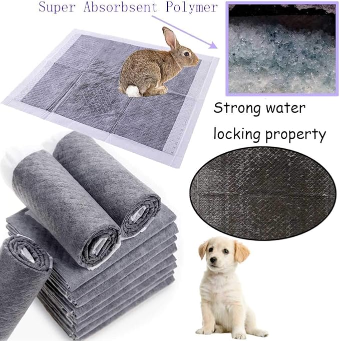 kathson Rabbit Pee Pads Disposable Cage Liners 40PCS All Absorb Black Carbon Odor Control Bunny Training Accessories with Quick-Dry Surface for Puppy Guinea Pig Kitten Hedgehog Small Animals