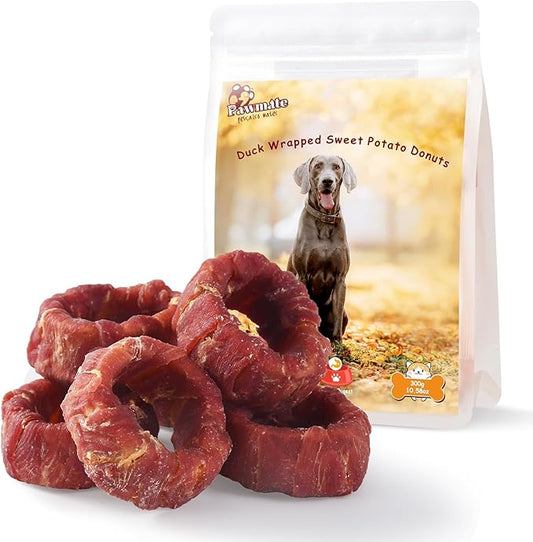 Dog Treats Duck Wrapped Sweet Potato Donuts Rings, Healthy Low Fat Dog Jerky Chews, High Protein Training Treats Snacks for Small Medium Large Breed, 10.6 oz