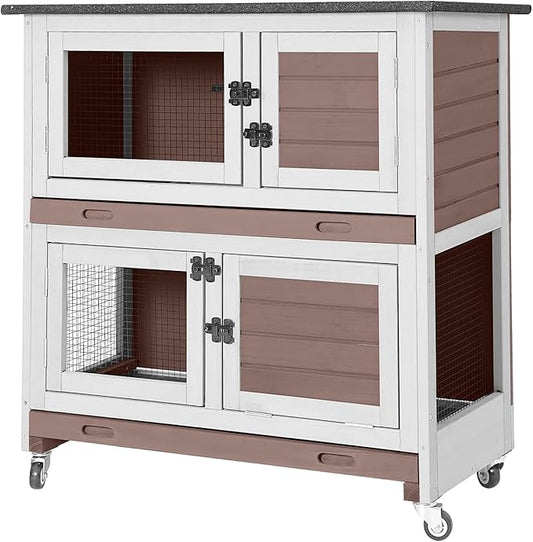 Aivituvin 36" Rabbit Hutch Bunny Cage Indoor Outdoor Guinea Pig Cage 2 Story Wth Trap Door, 2 Tray,Wheels,Brown