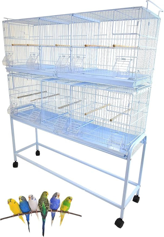 Combo: White Stack & Lock Breeder Bird Flight Cage Breeding Nest Door Double Removable Center Divider with Rolling Stand (38"x11"x15"H LOT-2-STAND, White)