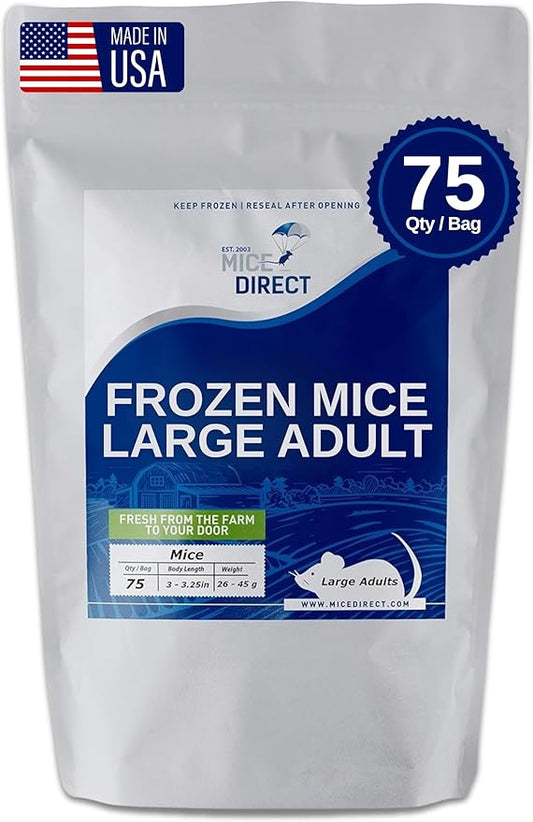 MiceDirect Frozen Large Adult Feeder Mice Food for Adult Ball Pythons Juvenile Red Tale Boa Monitors Lizards, 40 Ounce (75 Count)