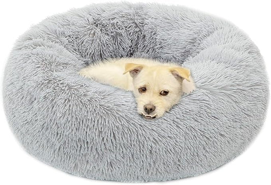 Calming Cat Bed, Soft Round Cuddler Dog Beds Fluffy Plush Faux Fur Pet Beds, Anit-Anxiety Self-Warming Comfy (20", Light Grey)