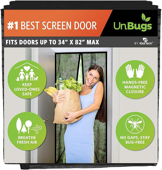 UnBugs Magnetic Screen Door - Fits Doors up to 34 x 82 Inches Max (Item Size 36 x 83) - Pet & Kid Friendly Self-Closing - Hands Free Magnet Closure - Bugs Out & Breeze In