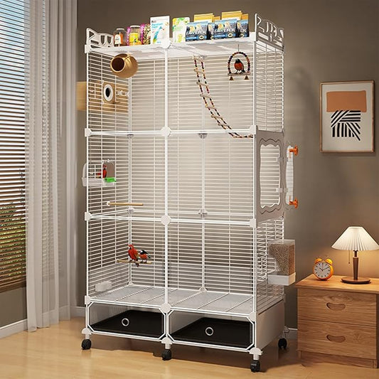 Large Parrot Cage with Acrylic Doors, 4 Casters, Perch & Feeder, Detachable Drawer, Ideal for Cockatiels, Budgies, Conures, Indoor/Outdoor Use – Spacious White Birdcage(White,72 * 36 * 142)