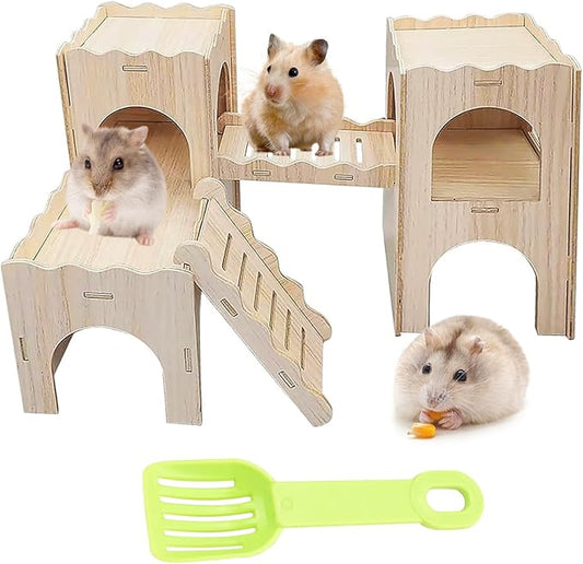 Wooden Dwarf Hamster House, Hamster Tiny House Hideout, Hamster Maze House, Large Balcony Lookout Holes, Easy to Assemble, Detachable Parts, Secure Hideaway, A