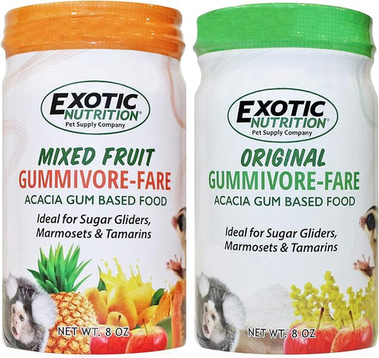 Gummivore-Fare Combo (Original + Fruit) - Healthy All Natural Native Food Treat Sugar Gliders, Marmosets, Tamarins, and other Gum-Feeding Mammals - 8 oz. Jar - Acacia Gum-Based Supplement