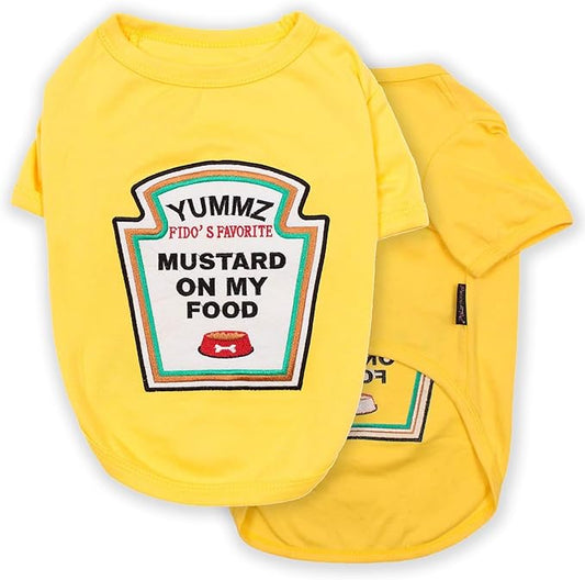 Parisian Pet Dog Shirt - Embroidered “Mustard on My Food“ - 100% Cotton and Polyester Dog Clothes - Sleeved, Lightweight Costume for Dogs - Yellow Dog Shirts for Small Dogs - Pet Costumes - S