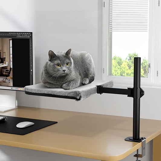 Cat Desk Bed - Steel Frame,180° Rotating & Adjustable Height, Removable Washable Soft Fabric Cat Perch for Office Desks and Game Tables, Supports 25 lbs