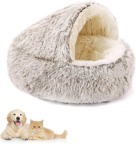 Plush Fluffy Dog and Cats Round Bed – Ultra-Soft Faux Fur Pet Shell Nest with Raised Bolster Edge, Self-Warming Calming Nest for Small to Large Pets (Coffee, Large（26”）)