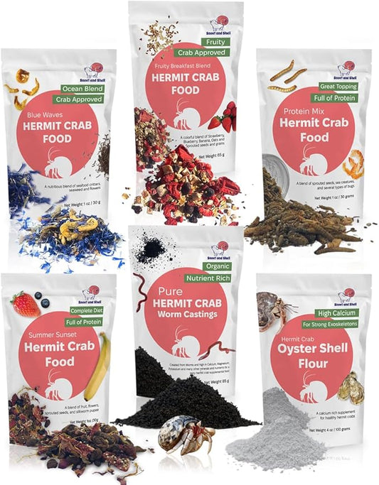 Snout and Shell Hermit Crab Food Bundle (Fruity Breakfast Blend, Ocean Mix, Protein Mix, Summer Sunset, Worm Castings & Oyster Shell Flour)