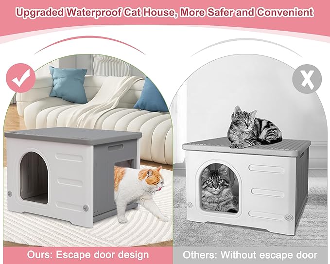 Plastic Cat House for Outdoor Indoor, Waterproof Outdoor Cat House with Escape Door for Feral Cats Outside Cat Shelter for Small Pet, Spacious, Assemble Easily -Grey