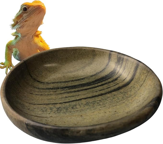 Natural River Stone Reptile Food Bowl - Handmade Pebble Dish for Reptiles, Amphibians, Hedgehogs, and Small Pets - Unique Size, Shape & Color - Water & Food Bowl (Brown)