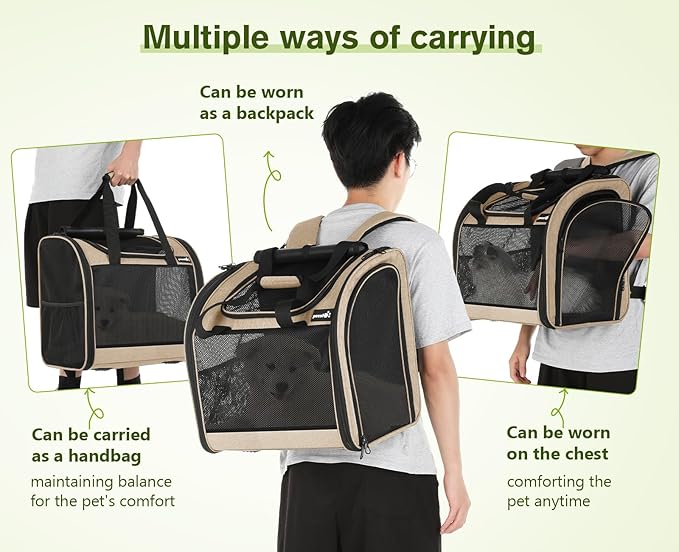 Pecute Cat Backpack with Widened Interior Space, Upgraded Dog Backpack Carrier with Various Ways to Carry, Pet Backpack with Breathable Mesh, Pet Travel Carrier with Soft Padded,Khaki