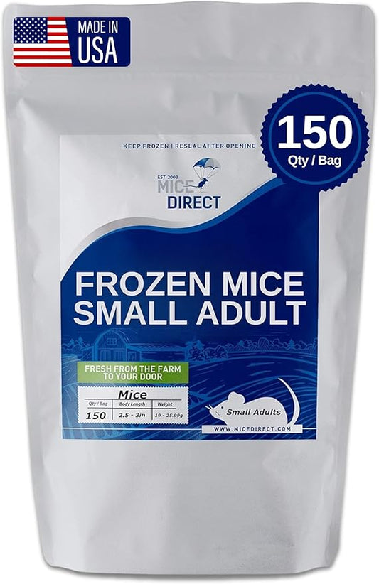 MiceDirect EST. 2003 150 Frozen Mice Small Adult Feeders Snake Food for Juvenile Red Tail Boas Ball Pythons Adult Sand Boas Milks Corn (2.5-3 in) (2850 Grams Min)