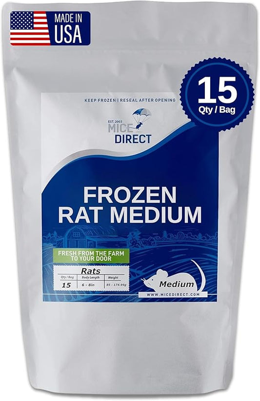 MiceDirect EST. 2003 Frozen Rat Medium Feeder Snake Food for Adult Ball Python Monitor, Lizard (15 Count)