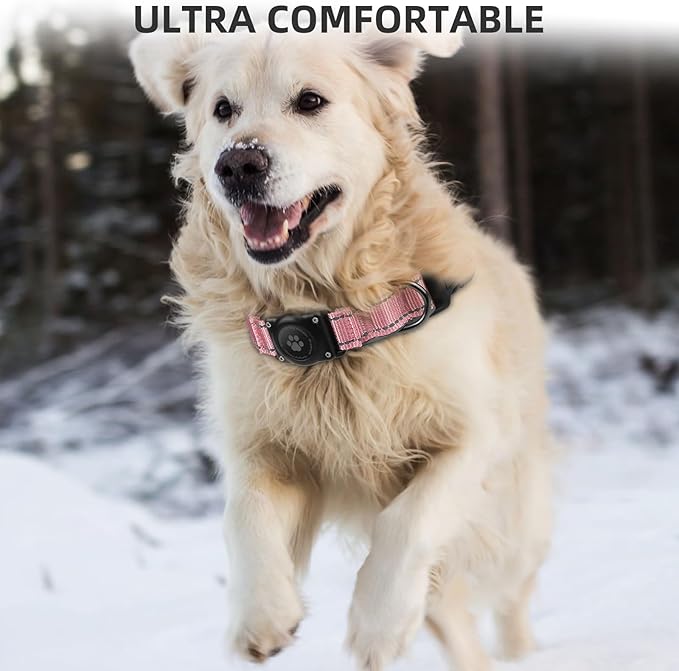 Airtag Dog Collar - 100% Waterproof Air tag Dog Collar Holder for Apple AirTag, Reflective, Soft Padded, Everlasting, GPS Dog Collar for Small Medium Large Dogs (Pink, L)