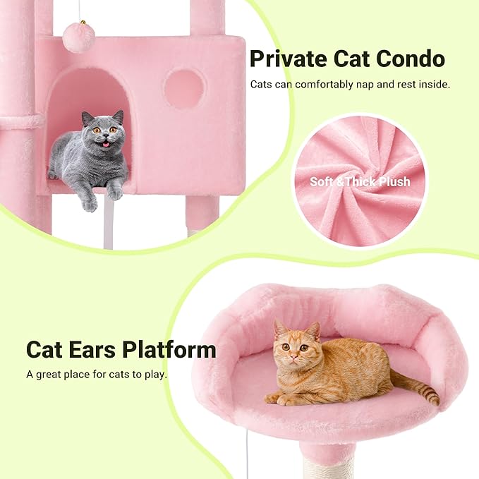Allewie 64 Inches Cat Tree Tower/Multi-Level Activity Center for Indoor Big Felines/2 Plush Condos/2 Perchs/Basket/House/Sisal Scratching Posts/Hanging Cat Toys/Pink