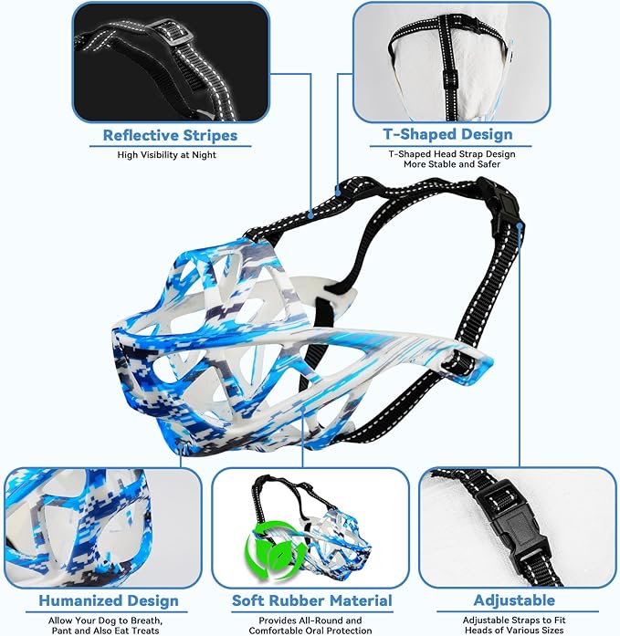Dog Muzzle for Large Dogs, Medium and X-Large Aggressive Dog, Breathable Basket Muzzles, Suitable for Grooming Trimming Training, Allows Panting Drinking (Camouflage Blue, XL)