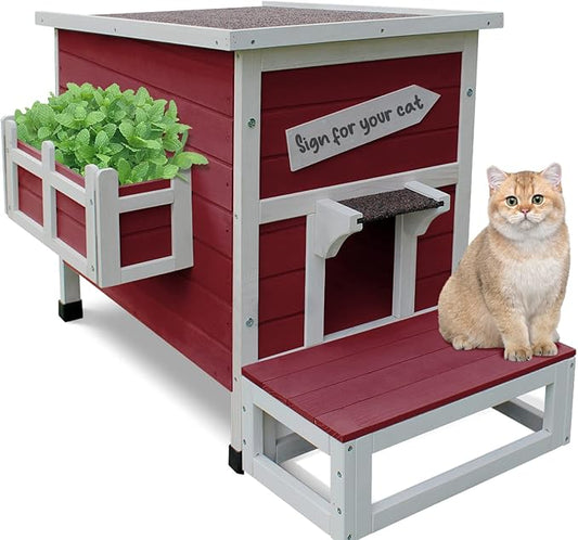 Rockever Outdoor Cat House, Large Outdoor Houses for Feral Cats Wooden Outside Cat Shelter Weatherproof with Escape Door-Red