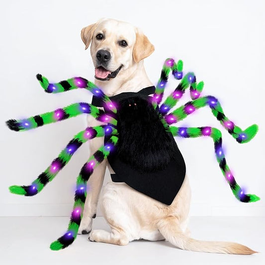 OurWarm Large Dog Halloween Costumes, Furry Funny Dog Spider Costume with 64 LED Purple Lights, Halloween Costumes for Large Dogs Pets Party Outfits Contest Clothes Cosplay Decor