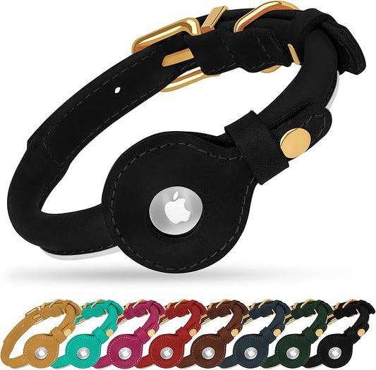 OOPSDOGGY Rolled Leather Dog Collar with Airtag Holder - Reflective Round Airtag Dog Collar - Soft Tracking Pet Collar for Small Dogs Puppy Cats Kitten (Black, M, 12"-15")
