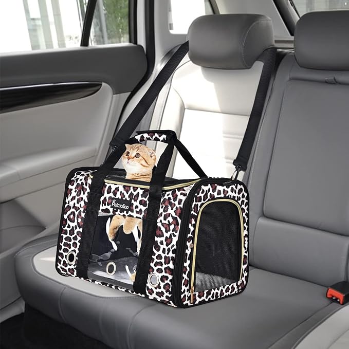 Petmolico Cat Carrier Soft-Sided Pet Bag for Small Medium Cats Puppies 16LBs - Airline Approved Pet Travel Carrier 3 Open Doors (Medium,Leopard)