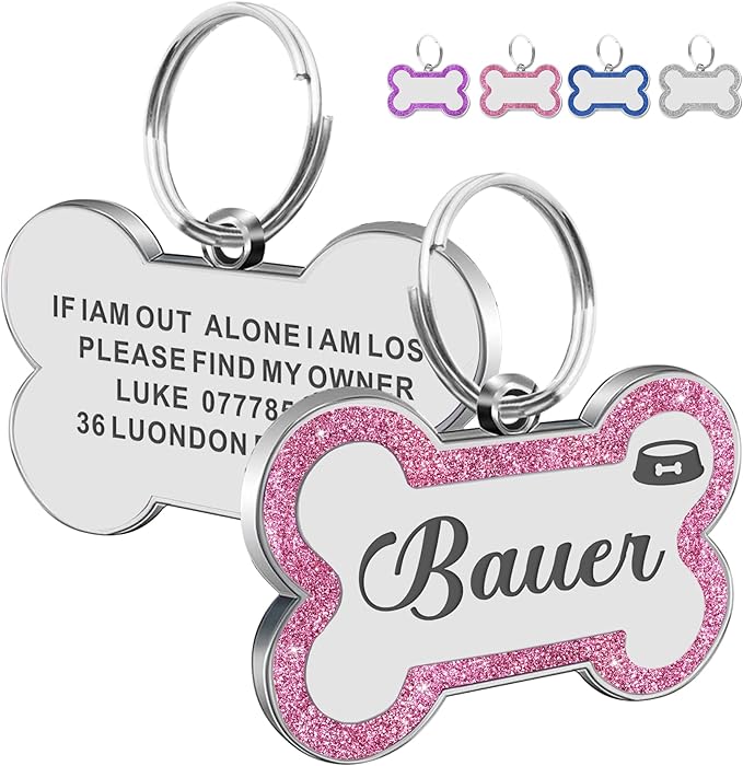 Dog Tags Personalized for Pets Dog Name Tags Personalized Dog Tag Engraved with Any Name & Text Custom Dog ID Tags Glitter Bone ID Tag for Puppy Cat (Pink S, Bone)