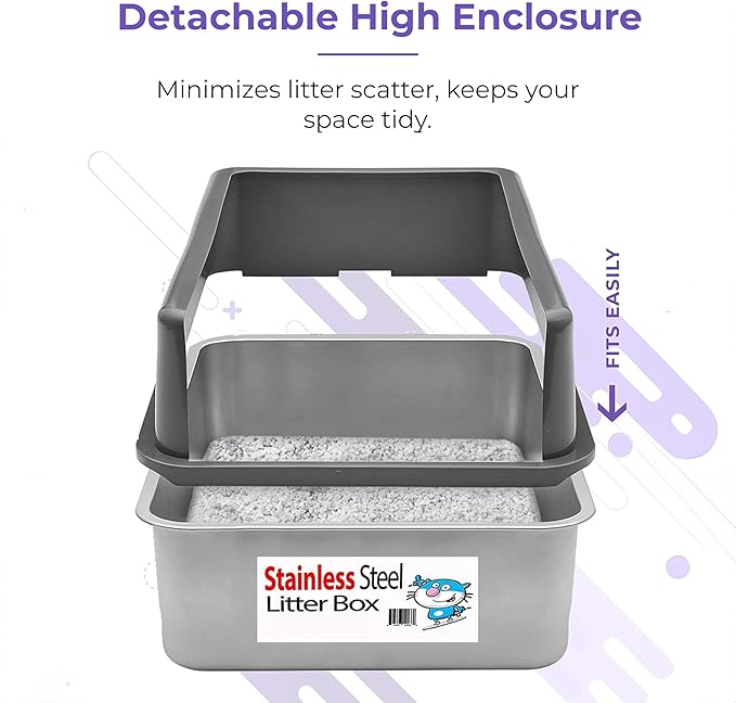iPrimio - Stainless Steel Enclosed Litter Box for Cats - Easy to Clean - Includes High-Sided Litter Box, Scooper for Extra Scatter Protection - Medium Size for Big Cats - 20 x 14.2 x 6 in