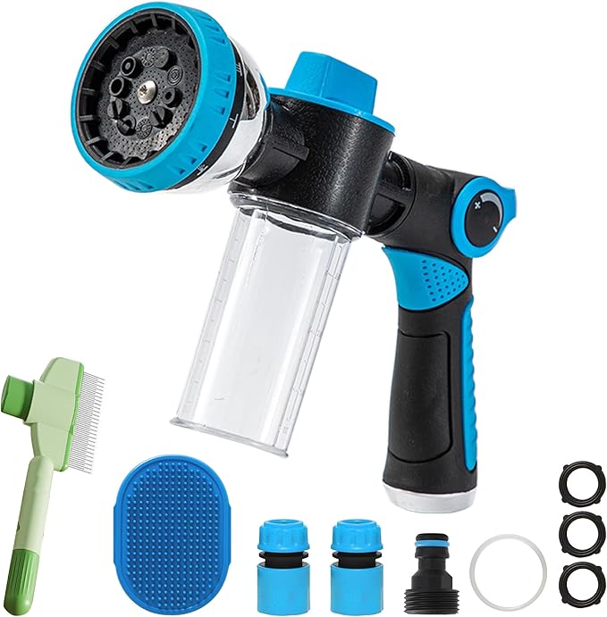 Dog Wash Hose Attachment, 10-in-1 Spray Mode Pet Shower Soap Sprayer with Grooming Comb Rubber Brush, Hose Nozzle with 100cc Soap Dispenser, for Watering, Car Wash, Dog and Horse Showering (Blue)