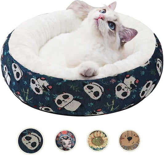 Circular Calming Dog & Cat Bed Anti-Anxiety Washable with Anti Slip Backing Donut Cuddler with Cute Jacquard Patterns for Cat and Small Puppy (XS-20in, Panda)