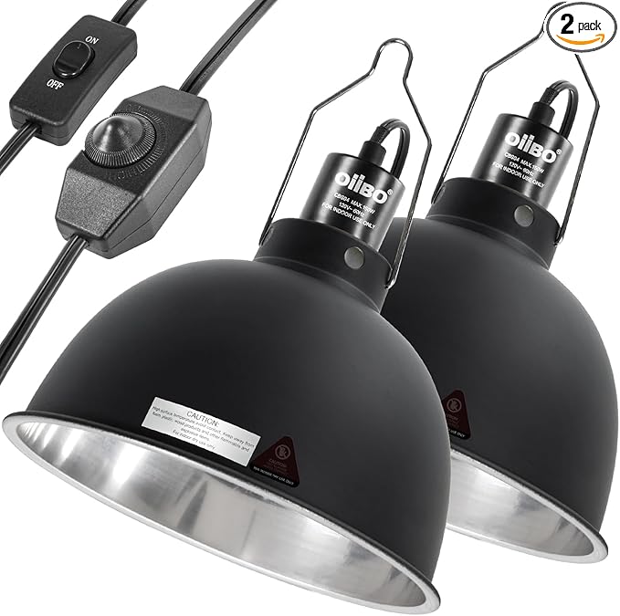 Oiibo 8.5 Inch Reptile Light Fixture with Dimming/Separate Switches, 2 Packs Deep Dome Lamp Cap Reflector Cover, UVB Light Heat Lamp Fixture for Reptile Glass Terrariums, Max 150W Black