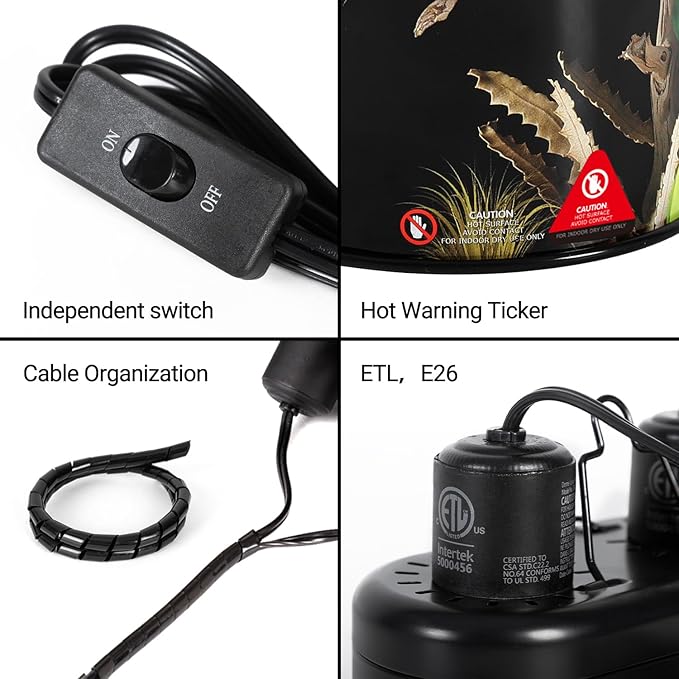 REPTI ZOO Nano Dual Dome Reptile Light Fixture and 25W Reptile Heat Lamp Combo Pack, Mini Daylight Basking Spot Heat Lamp & Nano Heat Emitter Basking Spot Lamp