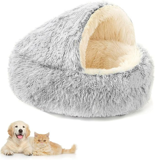Plush Fluffy Dog and Cats Round Bed – Ultra-Soft Faux Fur Pet Shell Nest with Raised Bolster Edge, Self-Warming Calming Nest for Small to Large Pets (Gray, Medium（20“）)