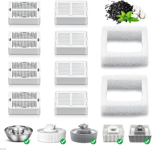 Pet Fountain Filters - 8 Carbon and 2 Foam Pre-Filters for Porcelain Pet Drinking Fountain (8 Packs)