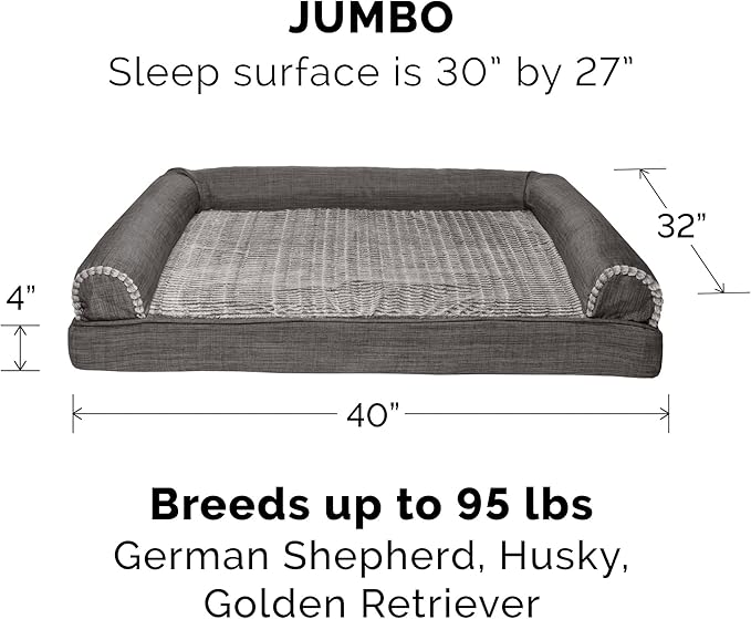 Furhaven Orthopedic Dog Bed for Large Dogs w/ Removable Bolsters & Washable Cover, For Dogs Up to 95 lbs - Luxe Faux Fur & Performance Linen Sofa - Charcoal, Jumbo/XL