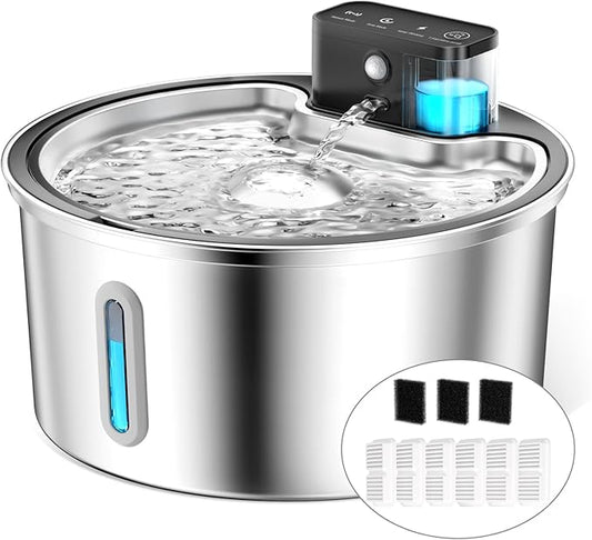 Wireless Cat Water Fountain Stainless Steel - 3.2L/108oz Cordless Pet Water Fountain Battery Operated Cats Water Dispenser Silent Rechargeable Automatic Fountain with 6 Filters 3 Sponges