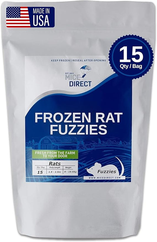 MiceDirect 15 Frozen Rat Fuzzies Feeders Snake Food for Adult Corn Snakes Ball Pythons (2-2.5 in)(Pack of 15)(135 Grams Min)