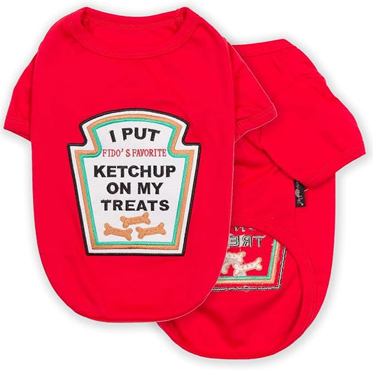 Parisian Pet Dog Shirt - Embroidered “I Put Ketchup on My Treats“ - 100% Cotton and Polyester Dog Clothes - Sleeved, Lightweight Costume for Dogs - Red Dog Shirts for Large Dogs - Pet Costumes - L