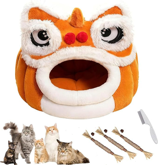 Cute Lion Head Pet Beds for Cats, Removable and Washable Winter Closed-Off Cat Bed, Soft Cozy Plush Cat House & Dog Cave with Cushion for Small Medium Cats Dogs, Semi-Enclosed Warm Nest (Brown, M)