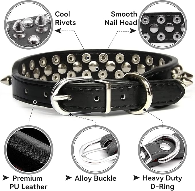Spiked Dog Collar Soft Pu Leather Mushrooms Rivet Spike Studded Puppy Adjustable Pet Collars for Small Breeds (S, Green)