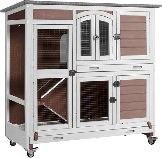 Aivituvin Rabbit Hutch Bunny Cage with Wheels Indoor Outdoor Two Story Guinea Pig Cage with 2 Deep No Leak Tray